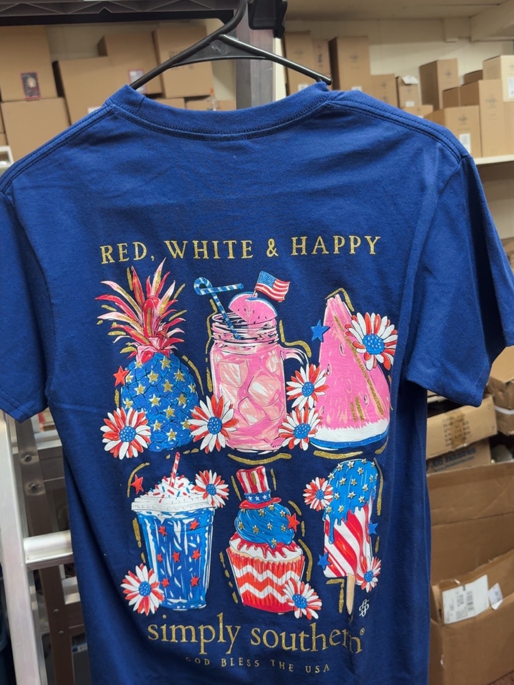 Simply Southern Blue Kids Tee with Patriotic Fruit & Treat Graphic